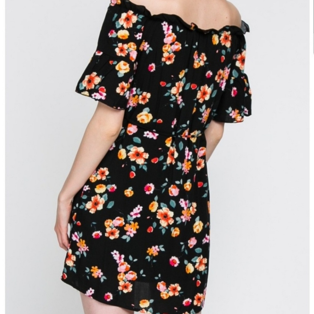 Black Vivid Floral Off Shoulder Dress - Picture 2 of 3